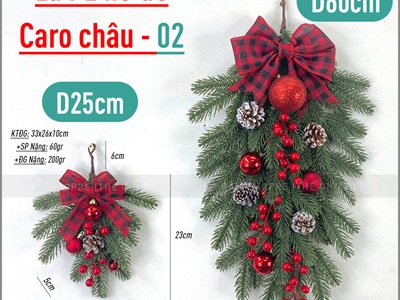 Cành thông treo Noel lá PE nơ đỏ caro D60cm CTHTR-X-01